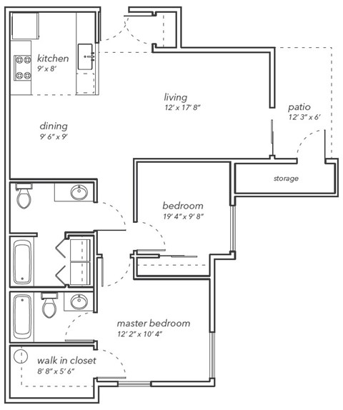 A floor plan of a house with a kitchen, dining area, living room, two bedrooms, a bathroom, and a storage space.